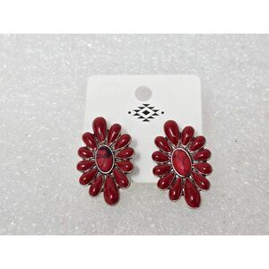 Southwestern Style Red Faux Stone Earrings With Silver Tone Accents